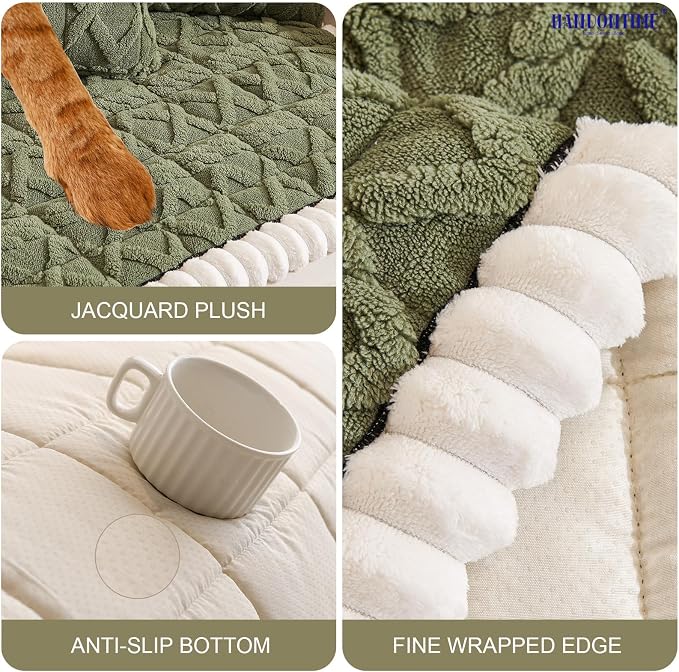 HANDONTIME Dog Couch Cover Jacquard Geometric Sofa Covers Washable Funny Fuzzy Couch Cushion Cover Non-Slip Plush Pet Protector Furniture Covers Durable Comfortable Slipcover (Avocado, 27.6" x 82.7") - Image 3
