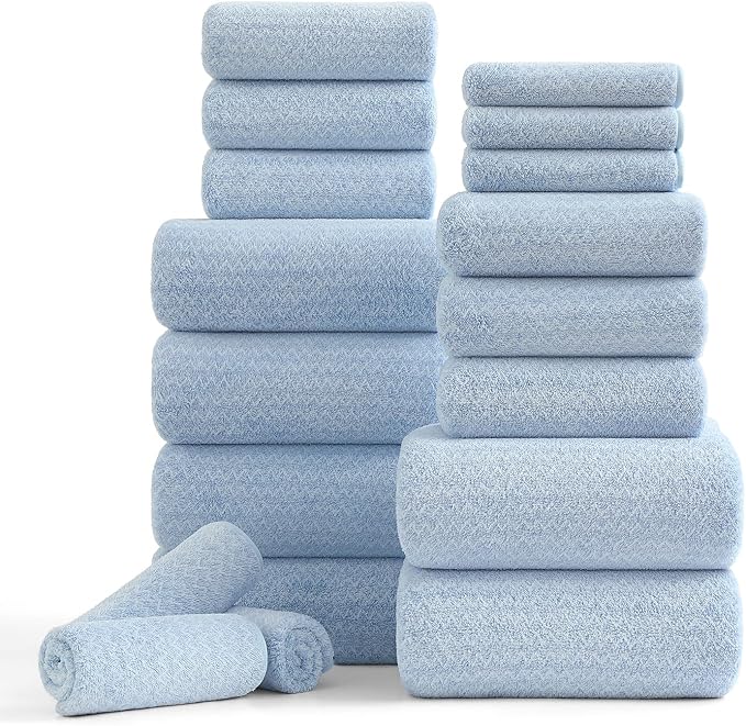 Ycosy 18 Piece Bath Towels Set,100% Microfiber Family Bathroom Towel with Hanging Loops-6 Bath Towels,6 Hand Towels,6 Washcloths,Quick Dry Highly Absorbent Shower Towel for Bathroom,Hotel,Spa-Blue by Ycosy