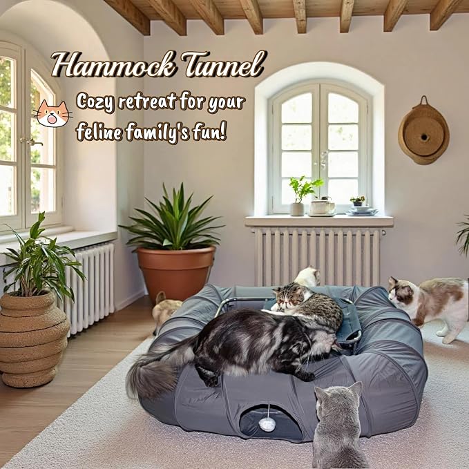 XxingSheep 2-Tier Cat Tunnel & Hammock Bed XXL, 4 Cave Shuttle with Elevated for Multiple Cats Toy Dark Grey - Image 2