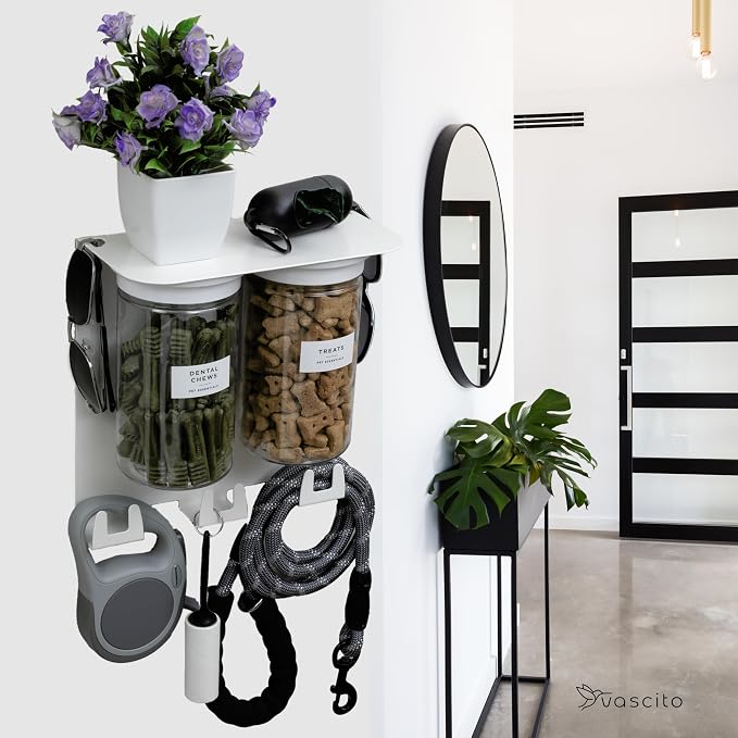 Dog Leash Holder for Wall with Shelf — Wall Mounted Dog Treat Holder & Station, 2 Airtight 32oz Treat Containers, 9 Hooks, Patented Lidless Slide-to-Seal Jars, Solid Steel, Made in USA - Image 8