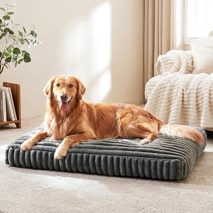 XL Dog Bed for Large Dogs, Orthopedic Dog Beds Washable with Removable Cover, Extra Thick Crate Bed Pet Mat with Shredded Chopped Foam & Anti-Slip Bottom, 35"x23"x4", Grey by FURTIME