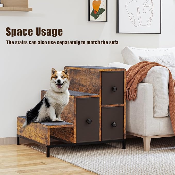 LEMBERI Pet Bunk Bed with Stairs and Storage, Dogs/Cats Window Perch, Bedside Lounge Elevated Dog Bed Multi-Level Platform with Foam Upholstery (Brown)