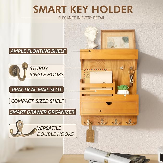 Rebee Vision Key Holder Wall Mount with Drawer for Home Decor, Light Brown | Key Holder for Wall, 6 Key Hooks, Floating Wall Shelf, Drawer Organizer, Mail Sorter, Room Decor Aesthetic - Image 5