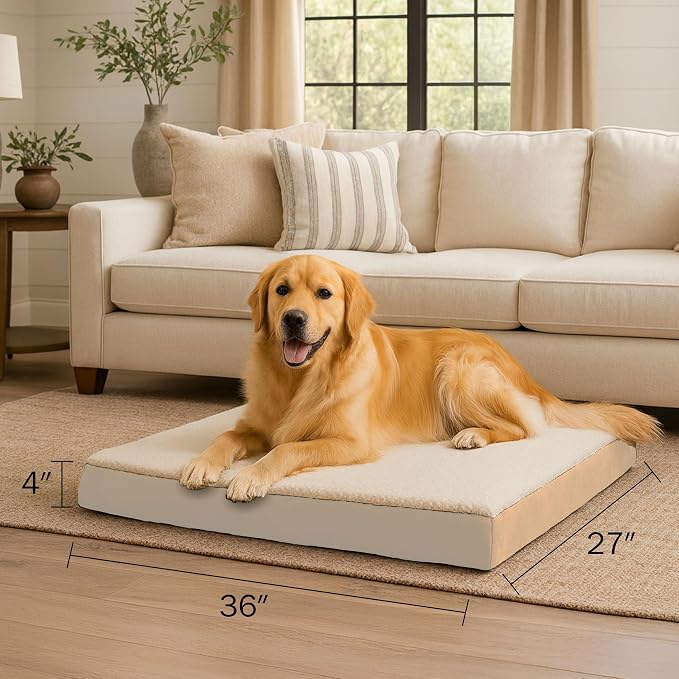 PETMAKER Orthopedic Dog Bed - 2-Layer Memory Foam Bed with Machine Washable Sherpa Top Cover - 36x27 Mattress for Large Dogs up to 65lbs (Tan) - Image 2