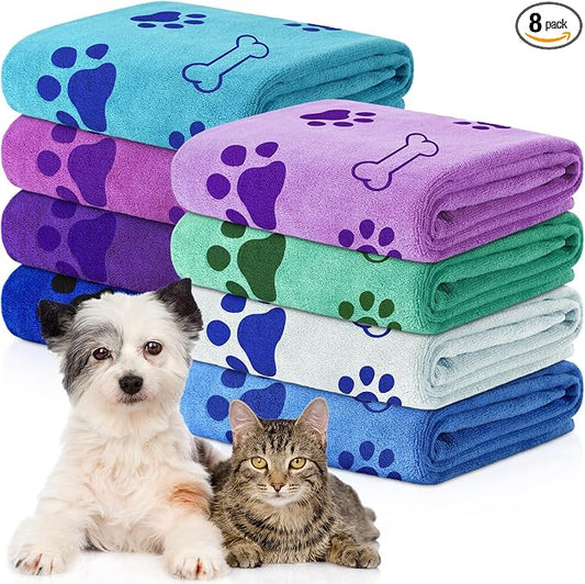 Chumia 8 Pcs Microfiber Dog Towels for Drying Dogs Cats 18 x 28 Inch Pet Towels Bulk for Medium Puppy Absorbent Fast Drying Paw Bath Bathing Supplies for Pets(Dog Paw and Bone,Classic Color) by Chumia