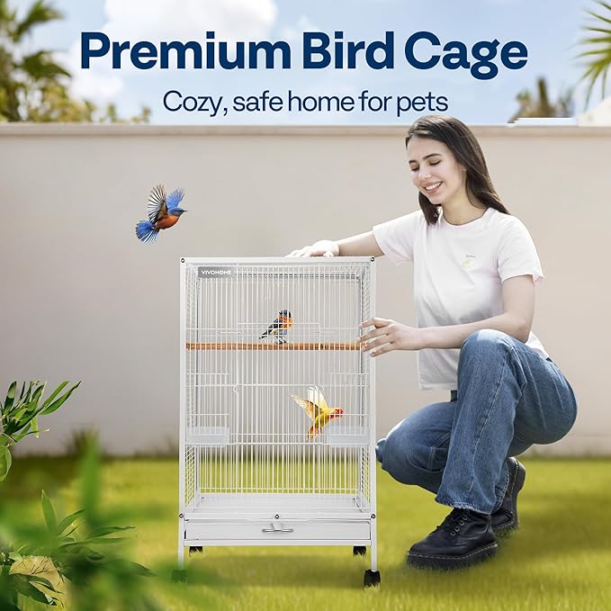 VIVOHOME Wrought Iron Bird Cage with Rolling Stand, 30 Inch Height | Standing Bird Flight Cage with Casters, Slide-out Tray for Parakeets Cockatiels Lovebirds Canaries Finches Conures, Whtie - Image 2