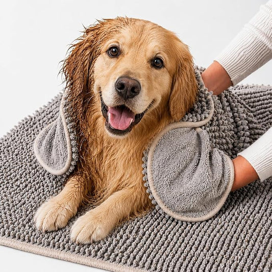 Pet 2-in-1 Dog Towel & Mat – Transforms from Drying to Bath Mat, Ultra Soft, Absorbent & Quick-Drying, Machine Washable Dog Towels with Detachable Non-Slip Mat and Hand Pockets (Large) by petuate