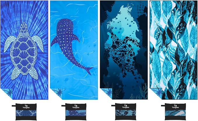 Yongoes 4 Pack Microfiber Beach Towel Oversized 71x32 Blue Multipack Bulk | Lightweight Thin,Sand Free,Super Absorbent Quick Dry Large Towels for Swim Pool Bath Travel Vacation Accessories Essentials by Yongoesbeachtowel