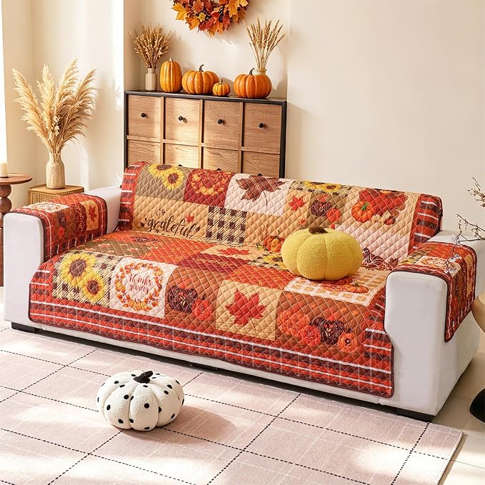 Cmfshape Thanksgiving Sofa Slipcover-Orange Checkered with Pumpkin,Pet Friendly Couch Covers for 3 Cushion Sofa,Washable Sofa Protector for Holiday,Anti-Slip with Elastic Band - Image 7