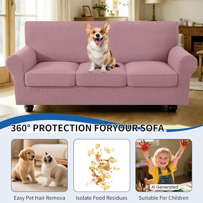 4 Piece Stretch Sofa Covers for 3 Cushion Couch, Non Slip Couch Covers for Sofa, Pet Couch Cover Washable, Couch Slipcover for Dogs, Kids (Pink), 91"-110" (3 Cushion XL Sofa) - Image 5
