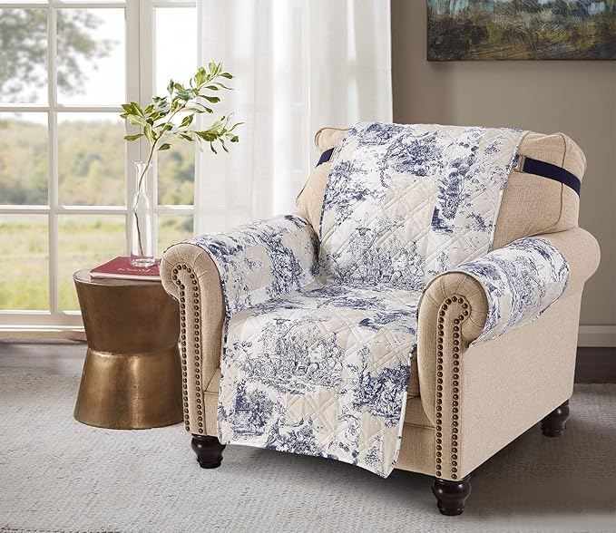 Brilliant Sunshine Blue Toile Couch Armchair Cover, Beige Ivory, 23" seat | Non Slip Sofa Cover, Quilted Furniture Protector, Washable Chair Slipcover for Pets, Dogs & Cats by BrilliantSunshine