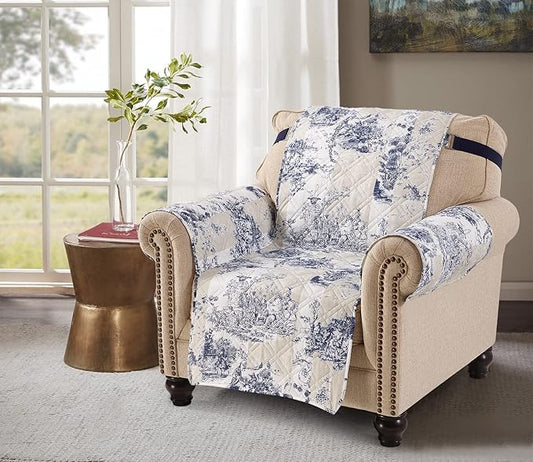 Brilliant Sunshine Blue Toile Couch Armchair Cover, Beige Ivory, 23" seat | Non Slip Sofa Cover, Quilted Furniture Protector, Washable Chair Slipcover for Pets, Dogs & Cats by BrilliantSunshine