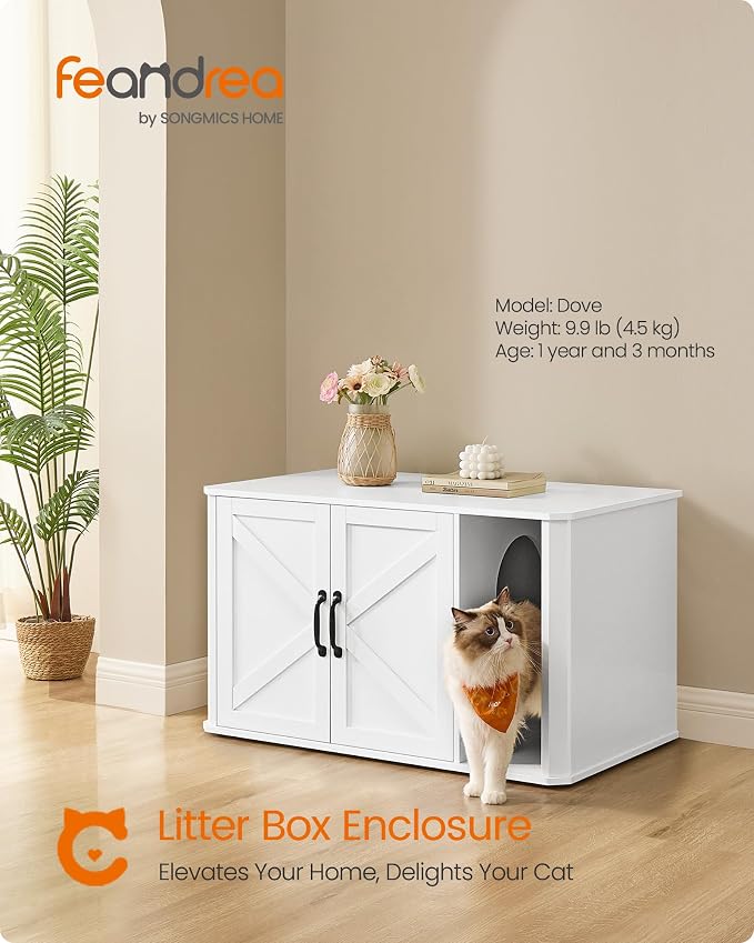 Feandrea Litter Box Enclosure, Modern Cat Litter Box Furniture Hidden, Front Entry, Double Doors, Handles, Cat House, Side End Table, 33.5 x 19 x 19.5 Inches, Cloud White UPCL012W01 - Image 2
