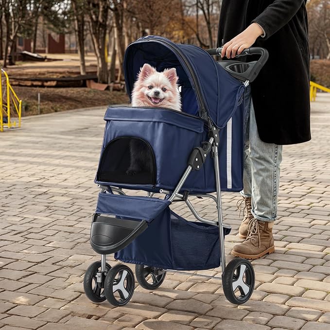 MoNiBloom 3 Wheels Pet Stroller, Foldable Dog Cat Cage Jogger Stroller with Weather Cover for All-Season, Storage Basket and Cup Holder, Breathable and Visible Mesh for Small/Medium Pets, Blue