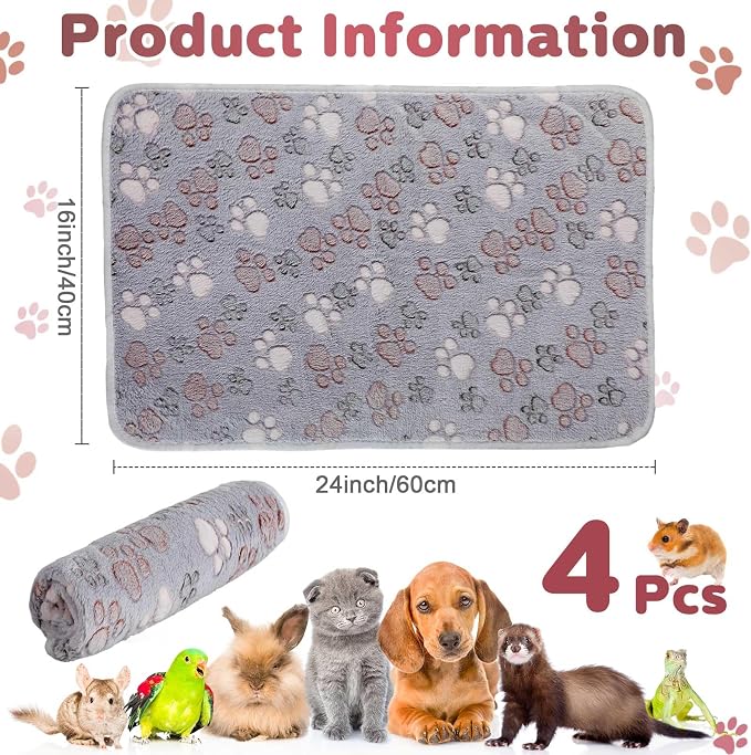 Reginary 4 Pcs Waterproof Guinea Pig Blankets Washable Small Animal Fleece Bedding Absorbent Guinea Pig Cage Liners Reusable Training Pee Pad Pet Sleep Mat for Hamster(Adorable Paw,24 x 16 Inch) - Image 2