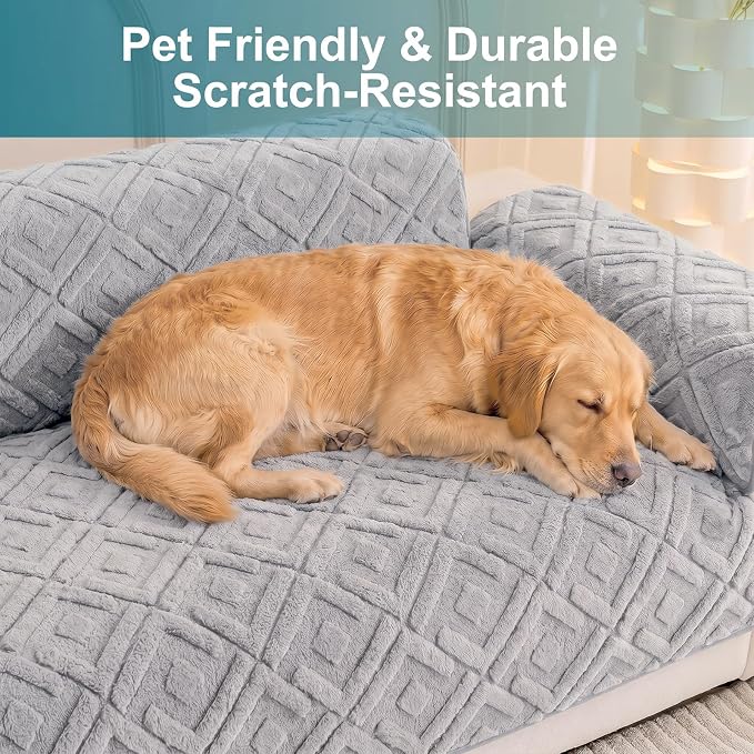 KRFOONN Couch Cover for Dogs Non Slip Washable Plush Sofa Protector Grey | Pet Sofa Slipcovers for 3 Seaters Cushion Couch, Scratch Resistant, Soft Boho Pet Covers for Couches & Sofas (35.5" x 83") - Image 2