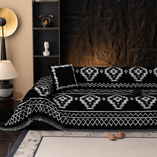 VClife Boho Couch Cover Chenille Sofa Cover for Sectional Sofa, Non Slip Couch Covers for 3 Seater Sofa Pet Friendly Sofa Protector with Tassel, Tribal Pattern Couch Slipcover, Black, 71"X150" by VCLIFE