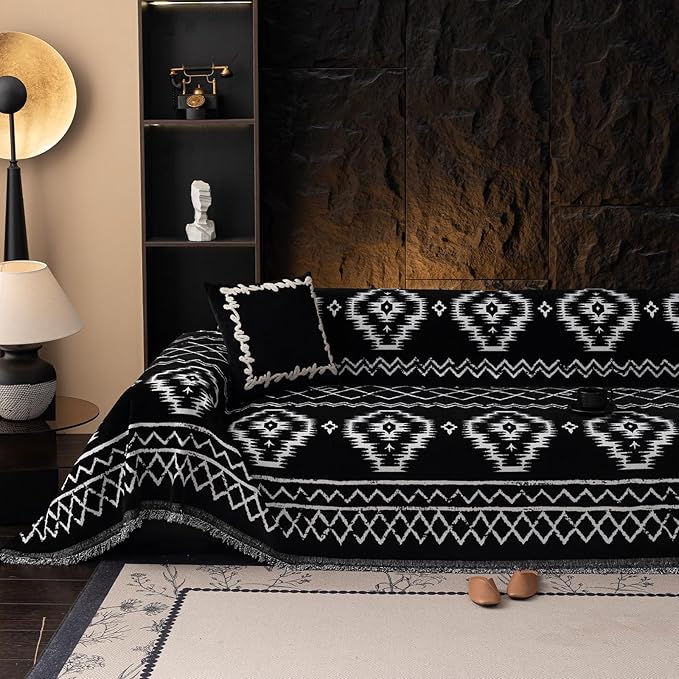 VClife Boho Couch Cover Chenille Sofa Cover for Sectional Sofa, Non Slip Couch Covers for 3 Seater Sofa Pet Friendly Sofa Protector with Tassel, Tribal Pattern Couch Slipcover, Black, 71"X134" by VCLIFE