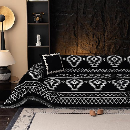 VClife Boho Couch Cover Chenille Sofa Cover for Sectional Sofa, Non Slip Couch Covers for 3 Seater Sofa Pet Friendly Sofa Protector with Tassel, Tribal Pattern Couch Slipcover, Black, 71"X134" by VCLIFE