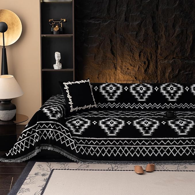 VClife Boho Couch Cover Chenille Sofa Cover for Sectional Sofa, Non Slip Couch Covers for 3 Seater Sofa Pet Friendly Sofa Protector with Tassel, Tribal Pattern Couch Slipcover, Black, 71"X134" by VCLIFE