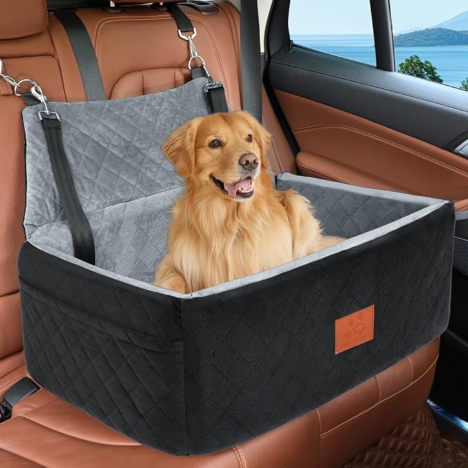 Dog Car Seat for Large Medium Dogs,Washable Pet CarSeat Under 55 lbs or 2 Small Dogs,Dog Booster Seat Travel Bed with Thick Cushion,2 Safety Leashes by NEEZUKAR