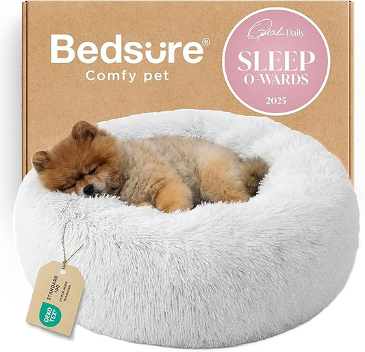 Bedsure Calming Small Dog Bed Donut Washable Cat＆Puppy Bed,23 inches | Fluffy Faux Fur Round Cuddler,Anti-Slip Bottom,Anti-Anxiety,Deep Sleeping for Large Cat & Pets Up to 25 Lbs,Frost Grey by Unknown