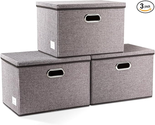 PRANDOM Large Collapsible Storage Bins with Lids [3-Pack] Linen/Cotton Blend Foldable Storage Boxes Organizer Containers Baskets Cube with Cover for Home Bedroom Closet Office Nursery(17.7x11.8x11.8) by Prandom