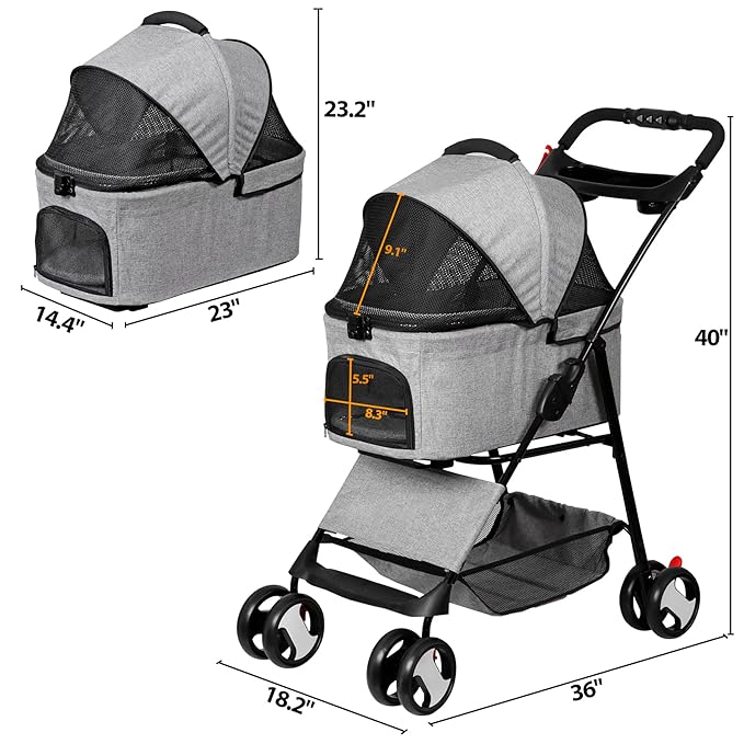 ZENY Pet Stroller, 3 in1 Foldable Dog Cat Jogger Stroller with 4 Wheels, Detachable Basket and Cup Holder, Travel Folding Carrier for Small/Medium Pet (Gray)