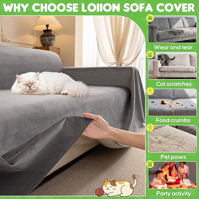 Loiion Cat Scratch Couch Cover Waterproof Sofa Cover 134"x91" | Pet-Friendly Couch Protector, Anti-Scratch & Non Slip Sofa Cover For Cats Dogs Kids, Machine Washable - Image 7