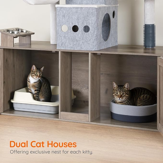 HOOBRO Cat Tree with 47.2" Dual Litter Box Enclosure, 63.4" Tall Multi-Functional Tower for Cats, Hidden Litter Box Enclosure Furniture, with Feeding Bowls, Scratching Posts, Hammocks, Greige BG23MZ03 - Image 8