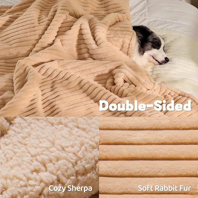 Qeils Waterproof Calming Dog Blanket for Large Dogs, Noiseless Soft Plush Pet Blanket for Bed, 500GSM Thick Faux Fur Pet Throw, Cozy Couch Furniture Protection Washable, Sand Beige, 50x60IN - Image 3