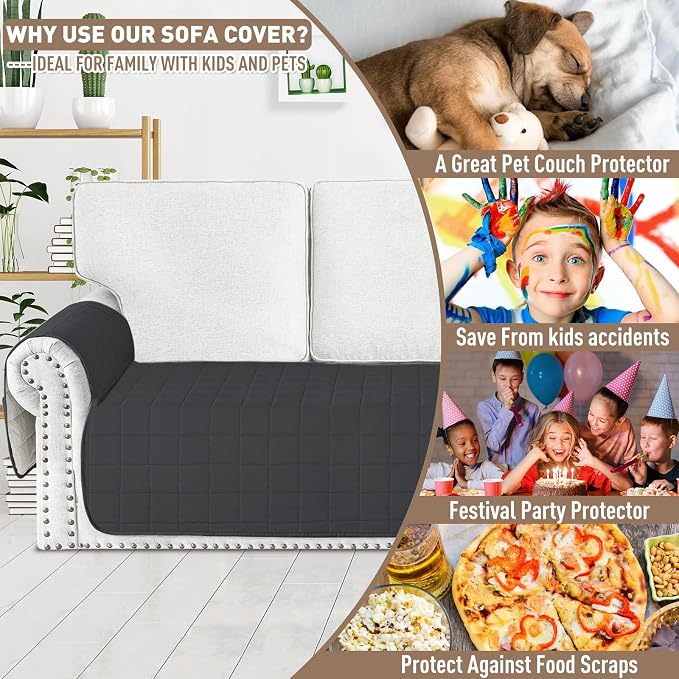 MAXIJIN Waterproof Couch Cover for Pets Dogs Washable, Quilted Sofa Seat Covers Washable for 3 Cushion Couch, Non-Slip Slipcover Furniture Protector with Side Pockets (Sofa, Black) - Image 5