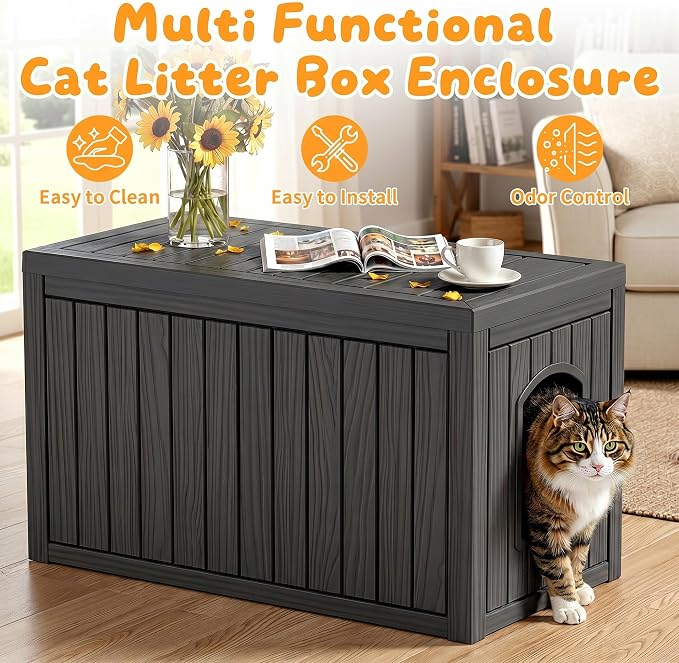 Cat Litter Box Enclosure,Multi-Functional Hidden Litter Box Furniture Cabinet with Adjustable Partition & Side End Table, Indoor Outdoor Cat House with Double Doors,Easy to Clean & Assemble, Black - Image 5
