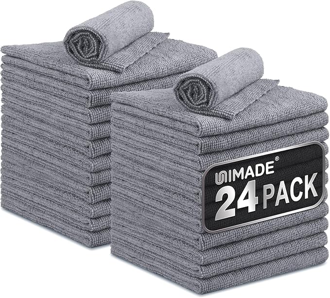 UNIMADE Microfiber Cleaning Cloth, 24 Pack Reusable Microfiber Towels | for Cars Lint Free Cleaning Shop Towel Rags for Home Kitchen Automotive Bar Mechanic Restaurant Garage, 11"x 12", Grey by Unimade