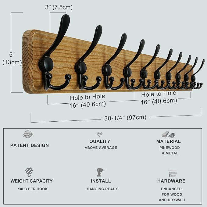 Dseap Coat Rack Wall - Heavy-Duty 38-1/4" Long, with Reinforced 10 Custom Tri-Hooks, Solid Wood Wall Hanger for Coats Hat Jackets - Rustic Farmhouse Entryway Hallway Storage, Weathered Brown & Black - Image 6