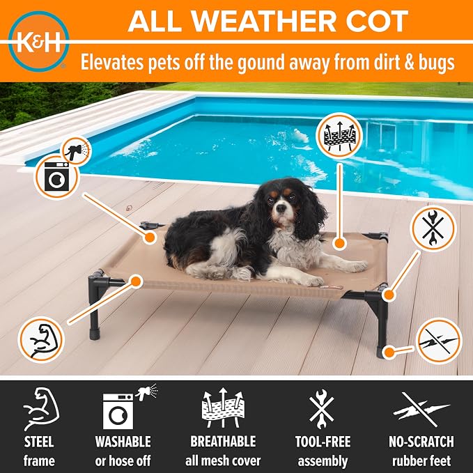 K&H Outdoor Elevated Dog Bed - Cooling Raised Dog Bed for Small & Medium Pets, Breathable Mesh Hammock Design, Indoor/Outdoor Washable Cover, Portable Metal Frame, Tan, Medium 32x25in - Image 3