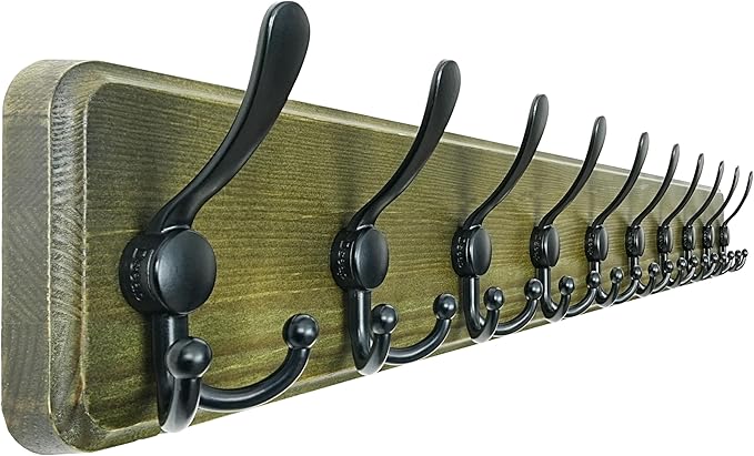 Dseap Coat Rack Wall - Heavy-Duty 38-1/4" Long, with Reinforced 10 Custom Tri-Hooks, Solid Wood Wall Hanger for Coats Hat Jackets - Rustic Farmhouse Entryway Hallway Storage, Weathered Green & Black by Dseap