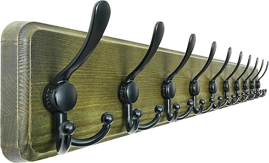 Dseap Coat Rack Wall - Heavy-Duty 38-1/4" Long, with Reinforced 10 Custom Tri-Hooks, Solid Wood Wall Hanger for Coats Hat Jackets - Rustic Farmhouse Entryway Hallway Storage, Weathered Green & Black by Dseap