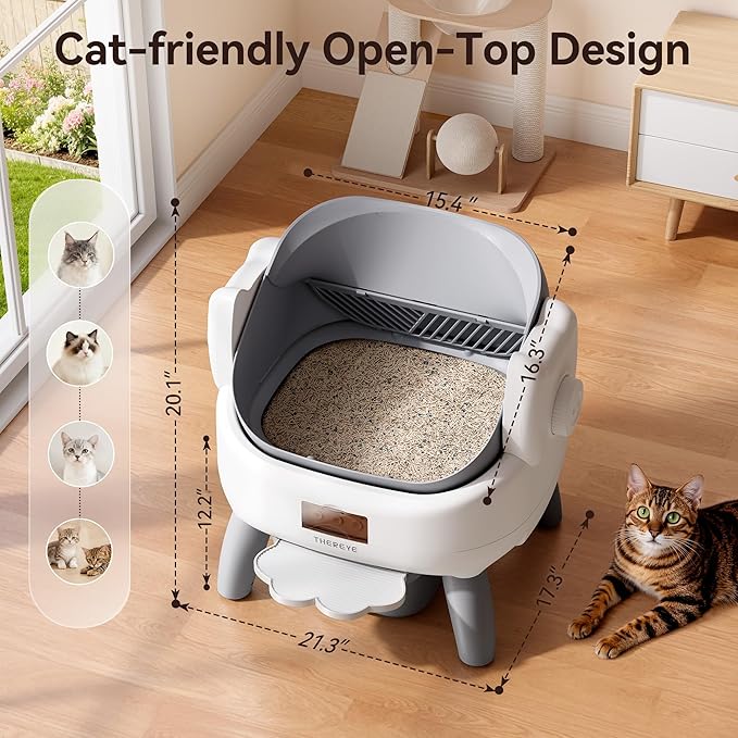 Thereye Automatic Litter Box with Entry Step, Open-Top Self Cleaning Litter Box, App Control & Safety Protections, 10L Waste Bin with Odor Control Smart Cat Litter Box with Trash Bags/Litter Mat - Image 2