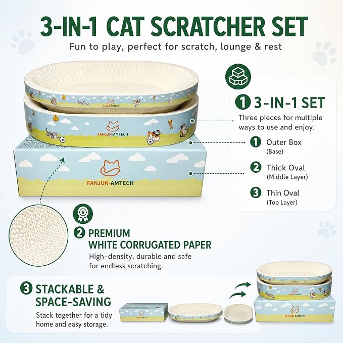 3PCS White Cat Scratcher Cardboard Lounge Bed, Mess-Free High-Density Oval Cat Scratching Pad for Indoor Cats, Sports Soccer Style Cat Scratcher Bowl Nest for Large Cats and Kittens (M) - Image 5