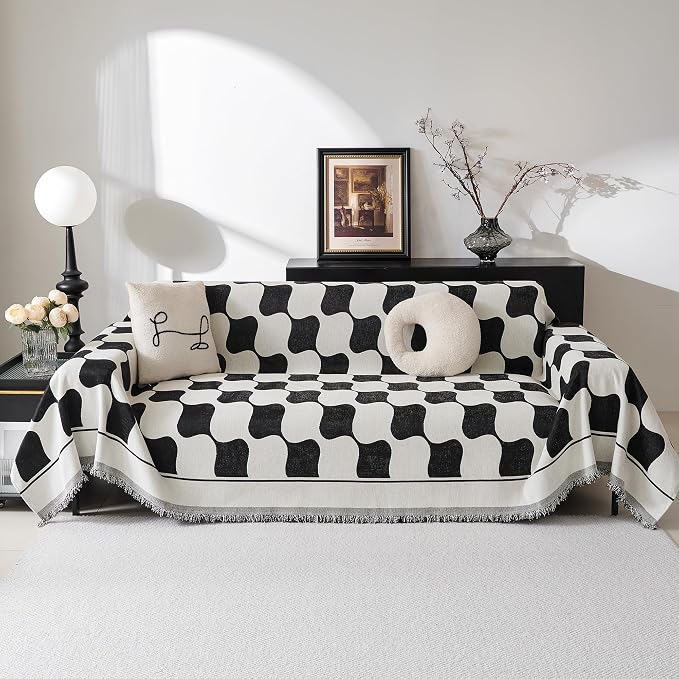 MEETSKY Couch Cover Sofa Cover Washable,Chenille Jacquard Sofa Covers for 2 Cushion Couch Sofa, Sofa Slipcover Loveseat Pet Couch Covers for Sectional Sofa, 71" x 118", Black Checkerboard by MEETSKY