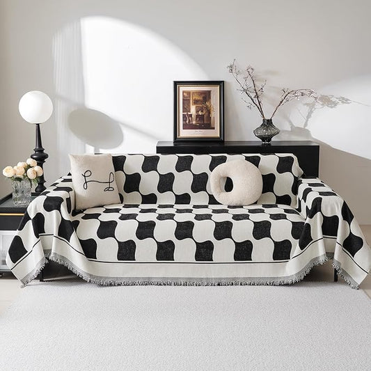 MEETSKY Couch Cover Sofa Cover Washable,Chenille Jacquard Sofa Covers for 2 Cushion Couch Sofa, Sofa Slipcover Loveseat Pet Couch Covers for Sectional Sofa, 71" x 118", Black Checkerboard by MEETSKY
