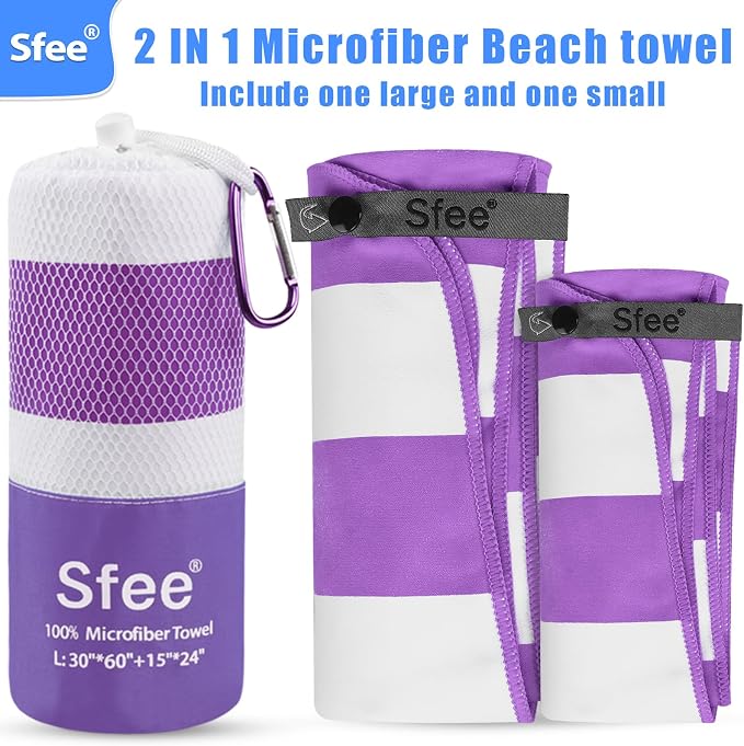 Sfee 2 in 1 Microfiber Beach Towel, Quick Dry Towel Camping Travel Towel Super Absorbent Compact Lightweight Sports Towel Gym Towels Set for Beach, Gym, Hiking, Pool, Backpacking, Bath, Yoga - Image 5