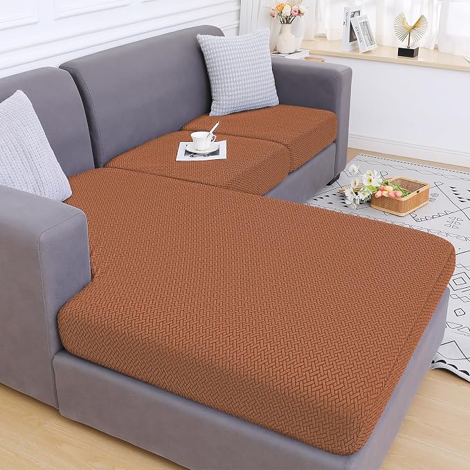 Smiry Waterproof Couch Cushion Covers, L Shape Sectional Couch Covers | Stretch Jacquard Chaise Lounge Sofa Slipcover, Washable Elastic Furniture Protector for Pets, Chaise, Rust - Image 5
