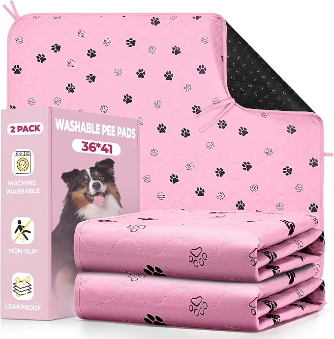 Fostanfly Washable Pee Pads for Dogs, Ultra-Absorbent, 36"x41"-2 Pack, Pink | Leak-Proof, Waterproof, Non-Slip, Large Reusable Pee Pads for Puppy Potty Training, Crate and Playpen with 8 Tie Straps by HOME