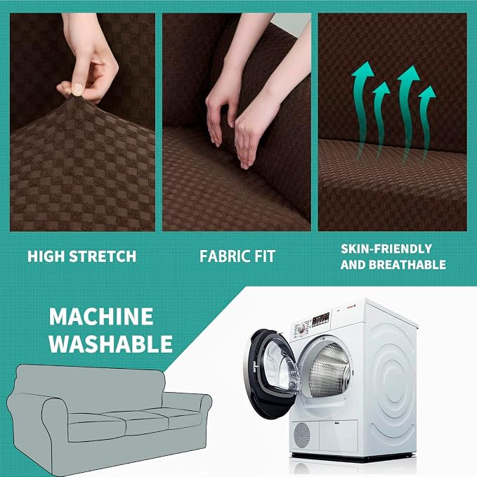 YEMYHOM Latest Checkered 4 Pieces Couch Covers for 3 Cushion Couch High Stretch Thickened Sofa Cover for Dogs Pets Elastic Slipcovers Living Room Furniture Protector (Dark Coffee), 71"-91"(3 CUSHIONS) - Image 5