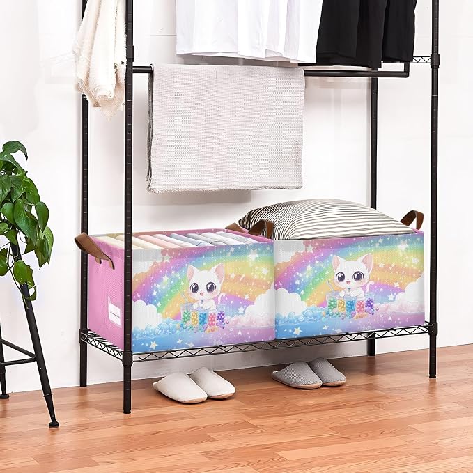 Cute White Cat Rainbow Colorful Baby Storage Basket with Labels&Handles Rectangular Waterproof Nursery Storage Bins Collapsible Shelf Organizer Baskets for Kids Books Cloth Gift Basket Toys Laundry - Image 2