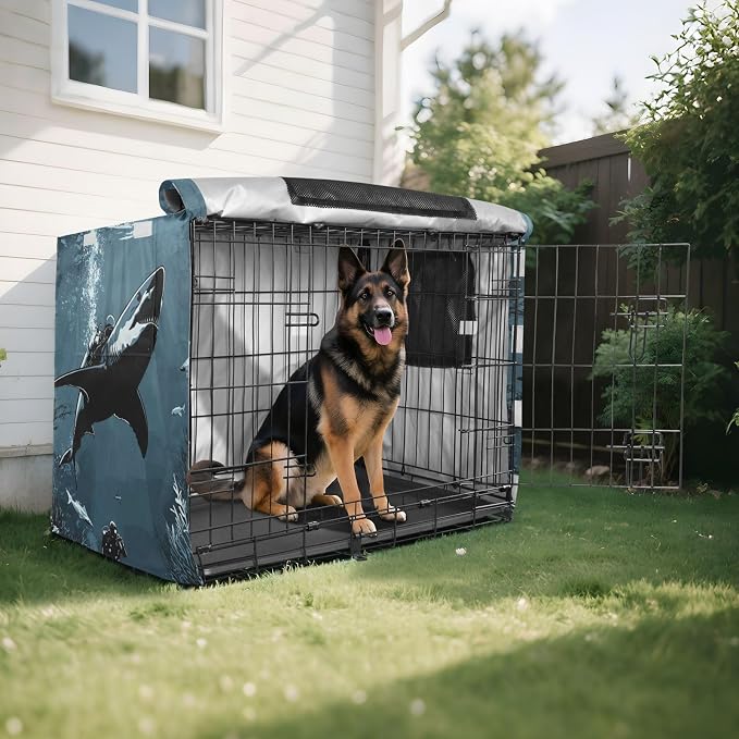 Dog Crate Cover Kennel Cover for Dog Cages Breathable for Wire Cage Indoor Outdoor Shark Scuba Diver Sea Ocean Blue - Image 8