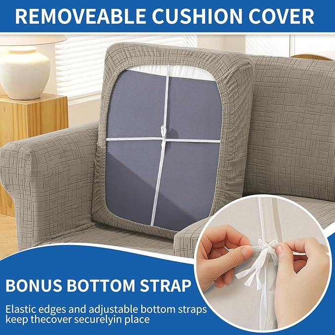 CYCMCAO 3 Piece Stretch Sofa Cover Couch Covers for 2 Cushion Couch, Non Slip Loveseat Covers, Sofa Covers Washable with Elastic Bottom for Kids, Dogs (Khaki), 55"-69" (2 Cushion Loveseat) - Image 6