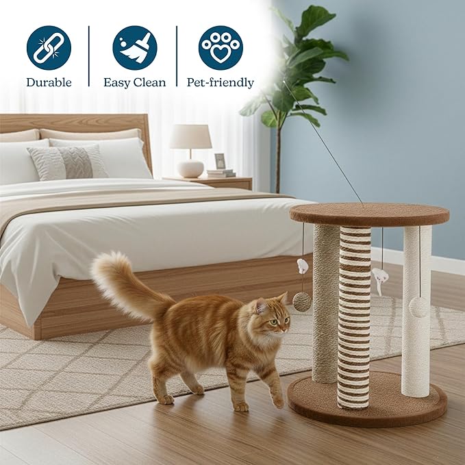 Cat Scratching Post - 3 Scratcher Posts with Carpeted Base Play Area and Perch - Furniture Scratching Deterrent for Indoor Cats by PETMAKER (Brown), Large - Image 5